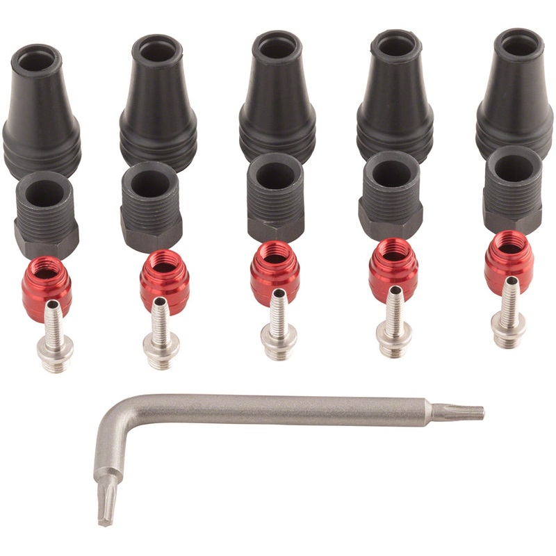SRAM Red/Force AXS 2-Pc Disc Brake Hose Fitting Kit - 5 Threaded Hose Barbs, 5 Compression Nuts, 5 Boots, Red Comp
